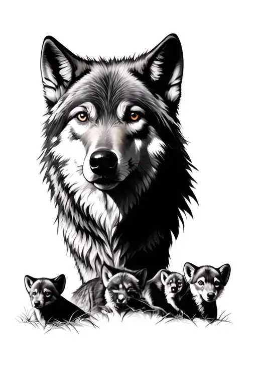 Wolf And 3 Cubs Face Only