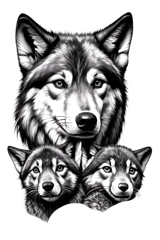 Half Wolf Face With 3 Cubs Face Only