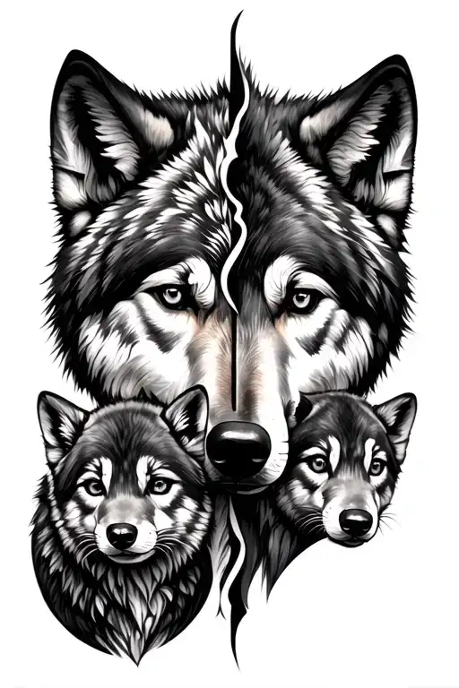 Split Half Wolf Face With 3 Cubs Face Only Way