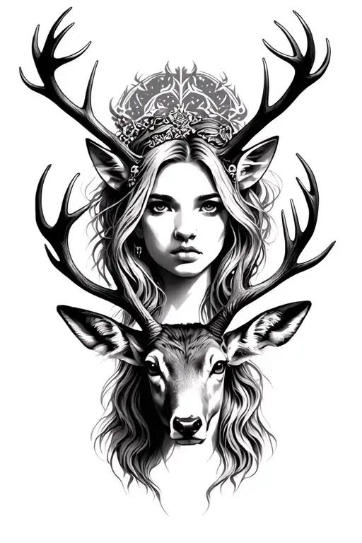 Dianna Of The Hunt With A Stag Head Below Her With Its Antlers Coming Up Either Side Of Her Head