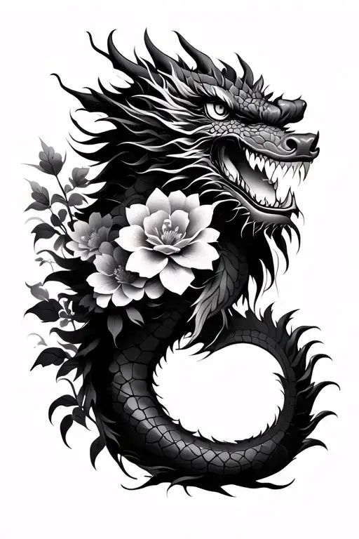 Japanese Dragon With Flowers