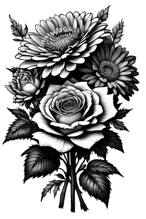 Bouquet With A Rose A Dalia And A Zinnia And With Stems