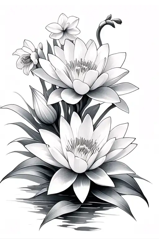 Water Lily And Narcissus Flowers Intertwined