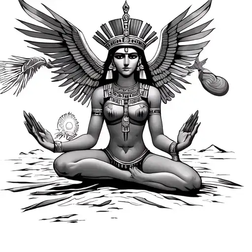 Kneeling Goddess Isis With Hathor Crown And Hands In Adoration Position