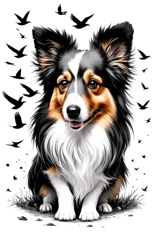 Semi Colon And Portait Of A Sheltie With Birds Flying Up