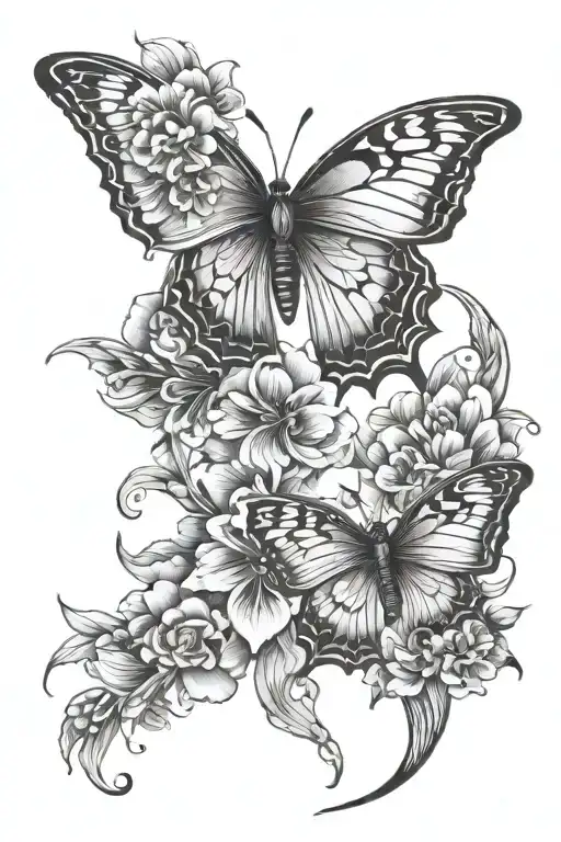 Butterfly's And Chinese Flowers And Fish Swimming