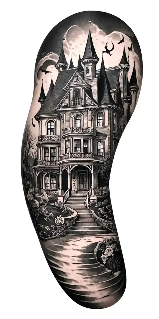 Disney World Haunted Mansion Themed Tattoo Incorporating The Actual Mansion