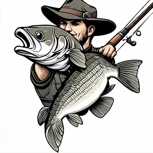 Traditional Style Tattoo Simple Bold Lines Bass Fish Holding Fishing Rod Wearing Vest And A Hat