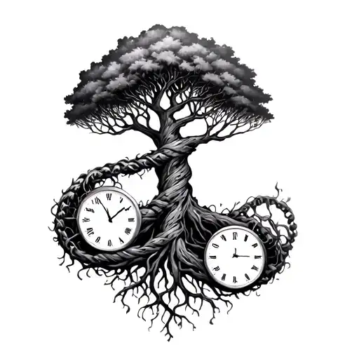 Tree Of Life That Roots Turn Into Dna Strand And 2 Clocks Woven Into Dna Strand