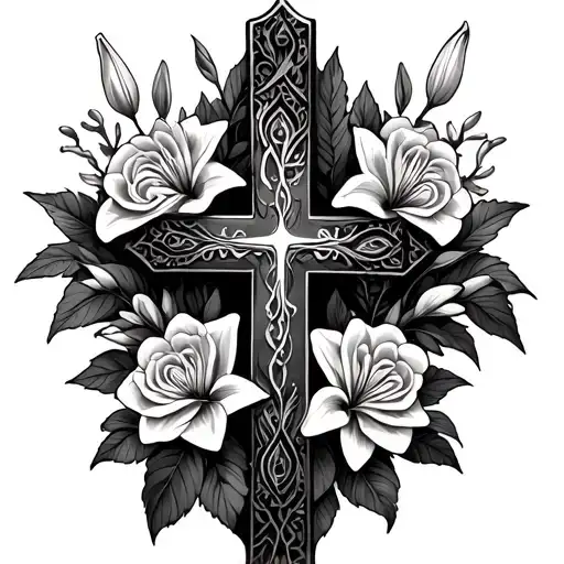 Cross Surrounded With Roses And Lily Flowers