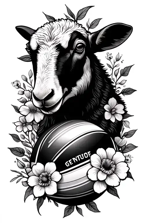 Sheep Head With Rugby Ball & Flowers Surrounding