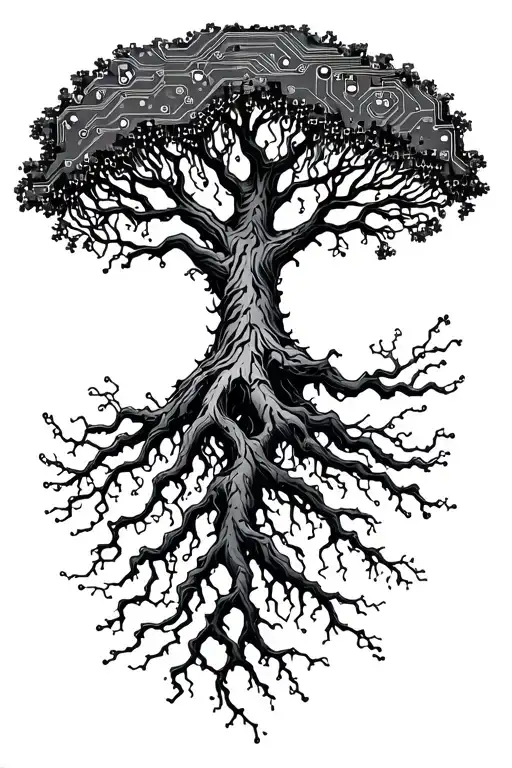Tree With Roots That Morph Into A Circuit Board Design