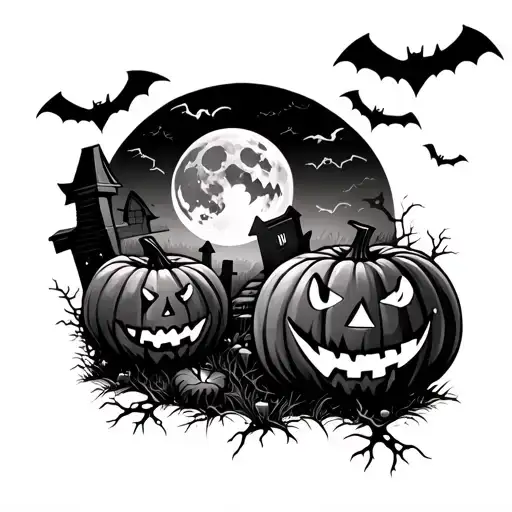 Graveyard With Pumpkins Bats Flying Overhead And A Moon In Background