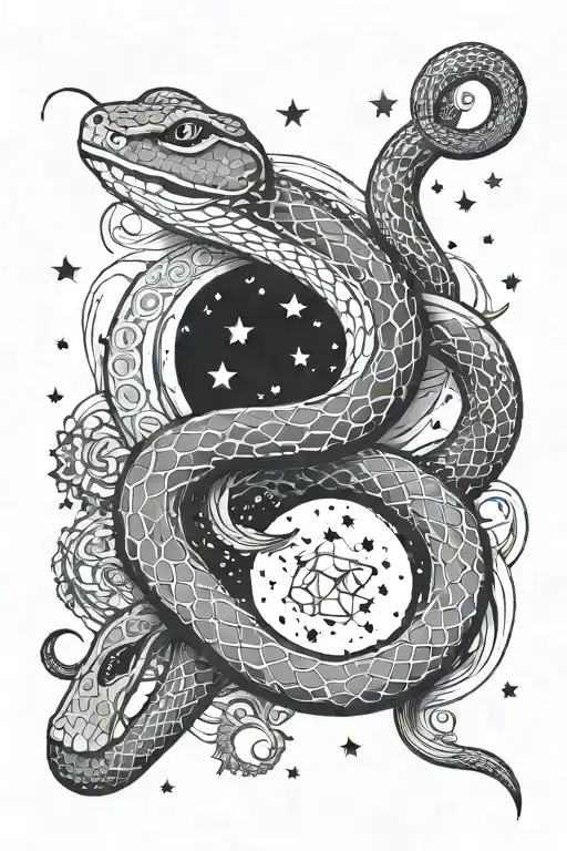 Snake Slithering With Whimsical Stars And Celestial Feel With All 12 Phases Of The Moon