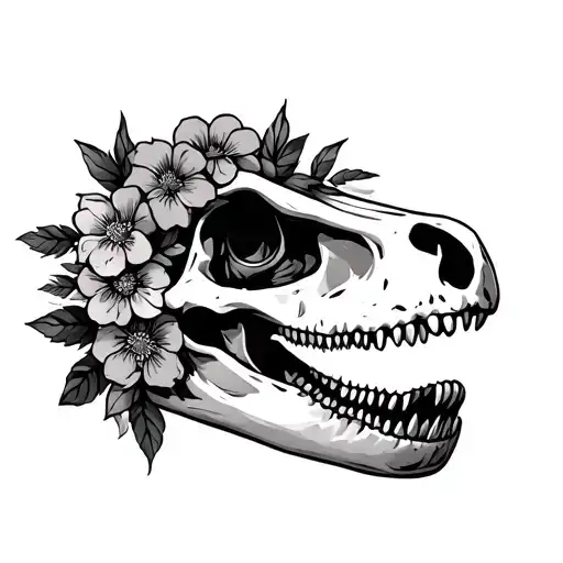 Trex Skull Profile With Flowers Intertwined