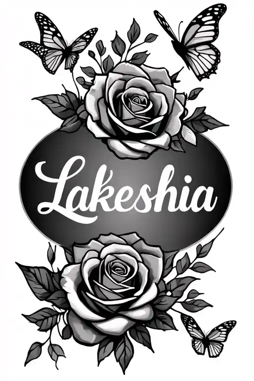 Lakeshia Name Tatto In Cursive With Roses And Butterflies