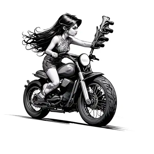 The Girl Rides On A Motorcycle And Skates For Figure Skating Are Thrown Over Her Shoulder