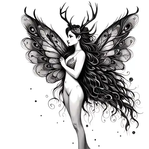 Fairy With Peacock Wings And Deer Antlers