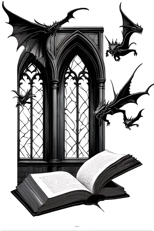 Open Book With Small Dragons Flying From The Pages In Front Of A Gothic-style Window