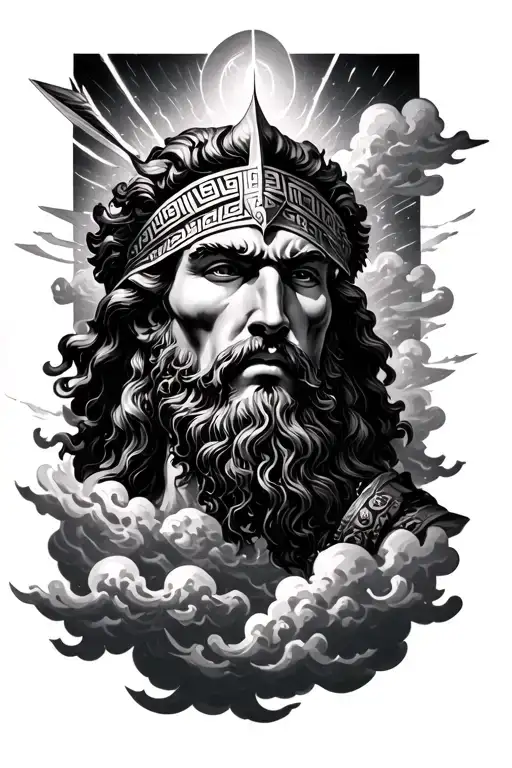 Ares On Forearm With Clouds And Greek Symbols And Lighting