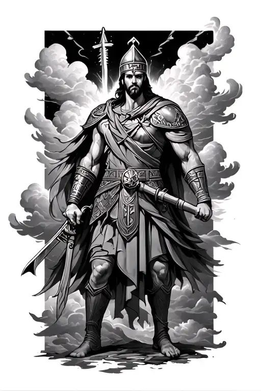 Ares War Outfit On Forearm With Clouds And Greek Symbols And Lighting