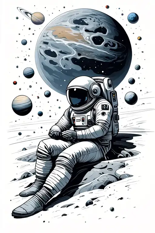 Astonaut Sitting On Planet Surrounded By Other Planets