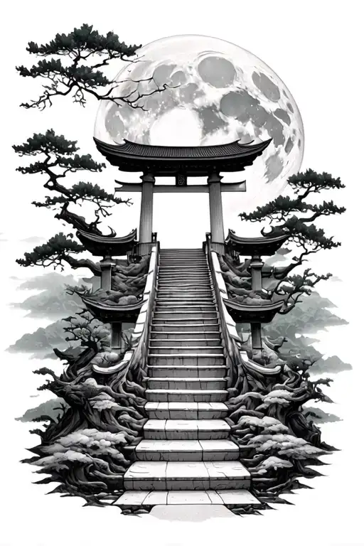 Japonese Florest With A Stairs In Middle Going To A Tori Gate In A Full Moon