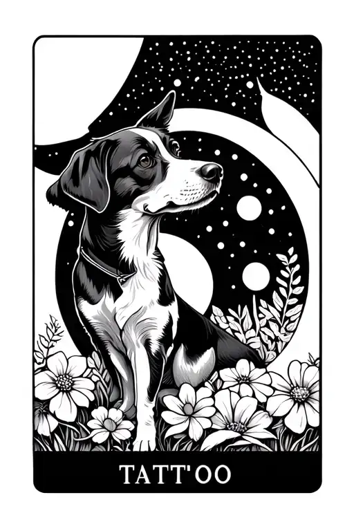 Tarot Card Featuring Dog With Phases Of The Moon And Flowers