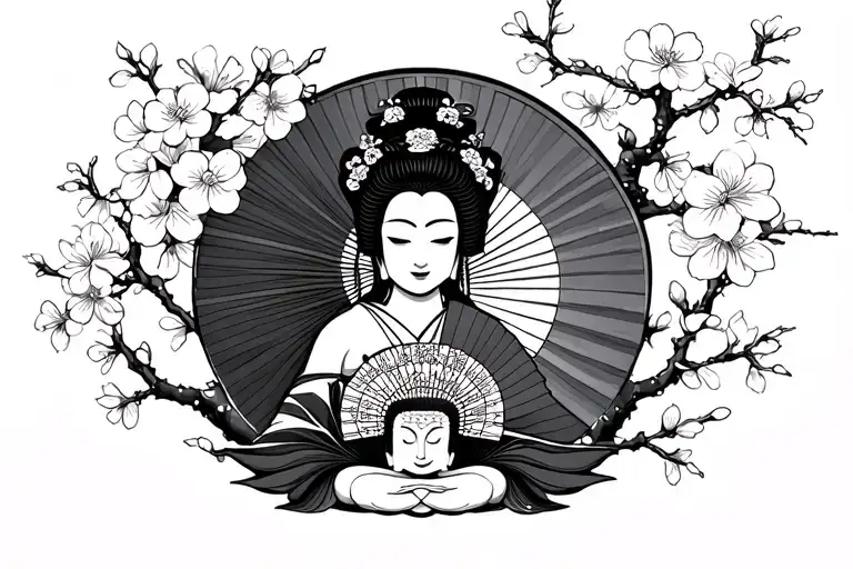 Geisha With Fan And Buddah With Cherry Blossoms Around
