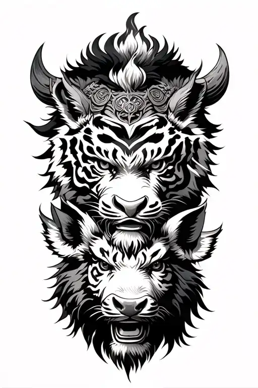 Sun Wukong Flanked By Two Tigers And A Boar