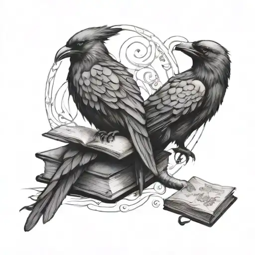 Huginn And Muninn Perched On A Book Eating A Page Of The Book Wit Norse Elements