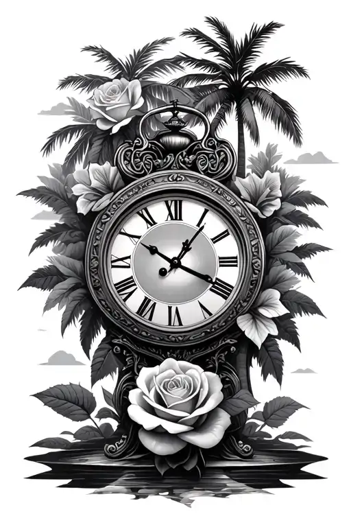 Rose With Roman Numeral Clock And Palm Trees