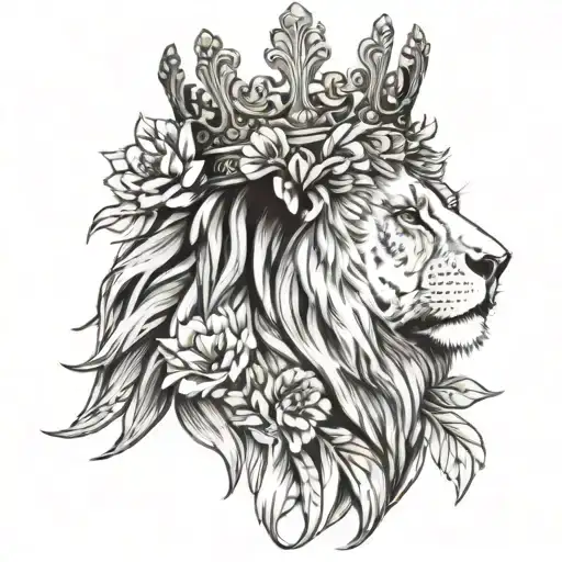 Lion Wearing Crown Flowers Growing
