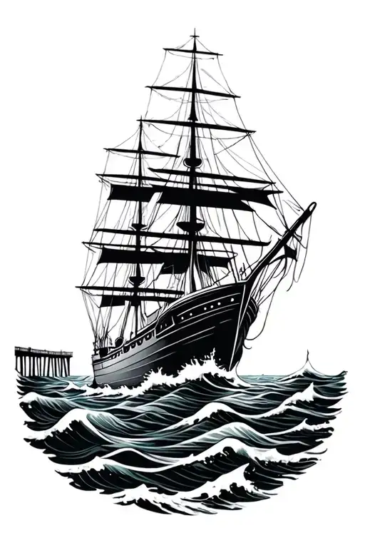 Ship In Wavy Ocean With Pier In The Background