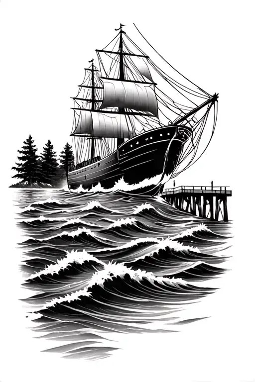 Ship In Wavy Ocean With Pier And Treed Shore In The Background