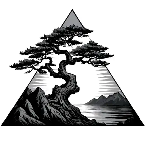 Mountains With Bonsai Tree In The Sunset In A Triangle
