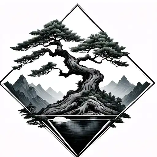 Bonsai Tree With Mountains Inside Of A Diamond