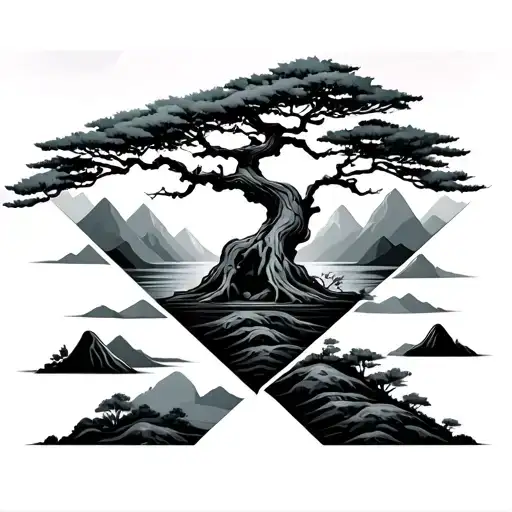 Bonsai Tree With Mountains With Sunset In A Diamond Shape