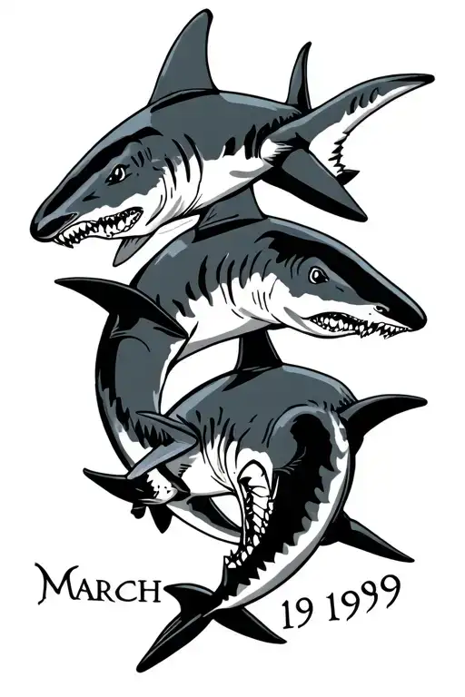 Sharks With Shadows On Back On Arm With March 19 1989 Roman Numerals