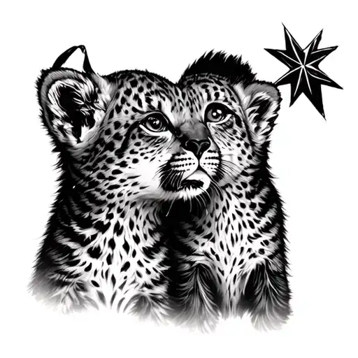 Young Female Cub With Youngwr Male Cub Looking Up At A Star
