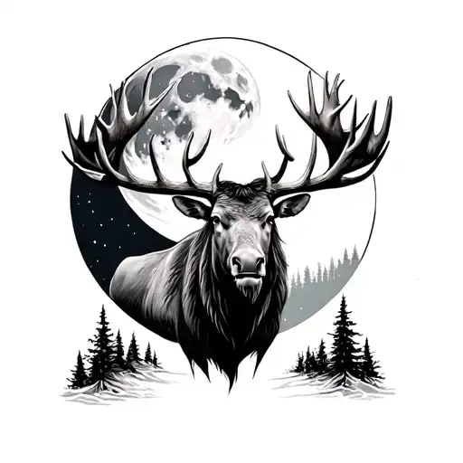 Moose With Full Moon Tattoo Designs For Women