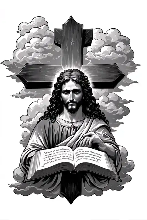 Jusus With A Bible Verse And Cross And Clouds