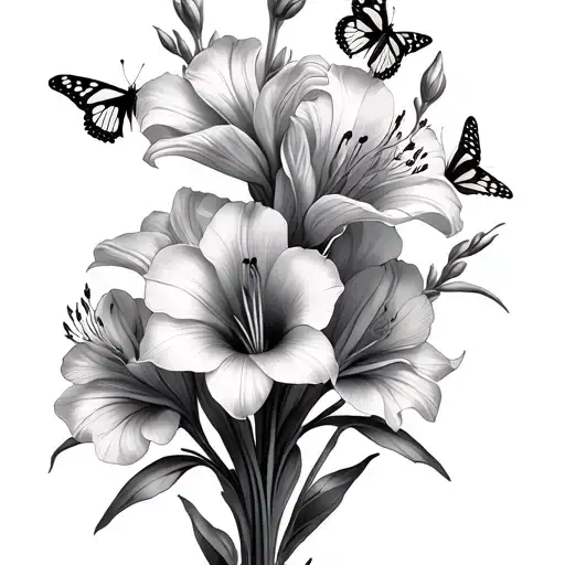 Gladiolus Flower With Butterflies And Flowers