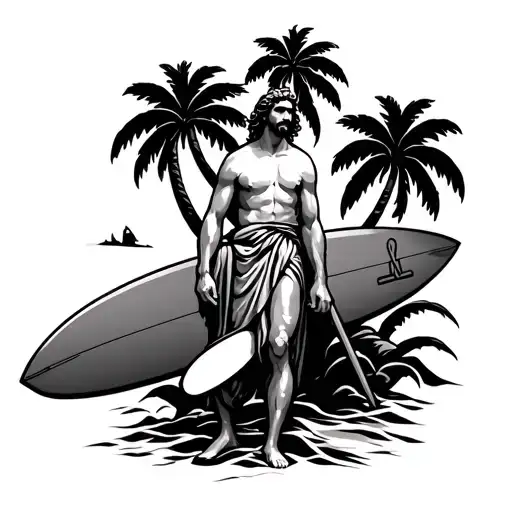 Saint Christopher With Palm Trees And Surfboard