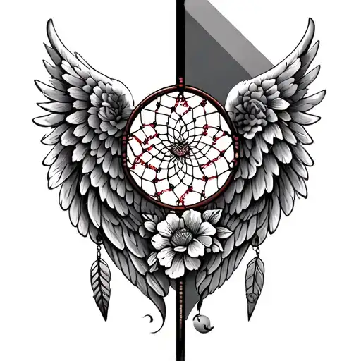 Left Side Angel Wing Floral With Dream Catcher Right Side Angel Wing With Baseball And Baseball Bat