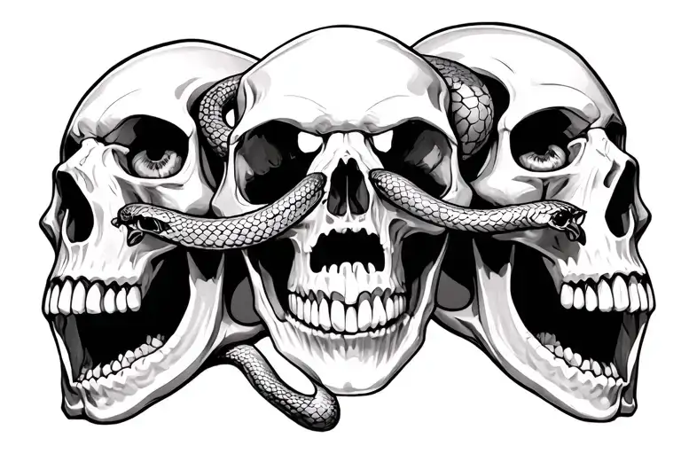 3 Skulls With Snake Going Through Eyes Mouth Ears