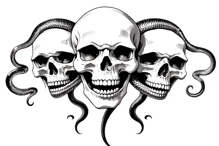 3 Skulls With Snake Going Through Eyes Mouth Ears Speratly