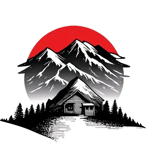 Simple Fine Line Tattoo Of A Mountain Line With A Cabin And Setting Red Sun Behind