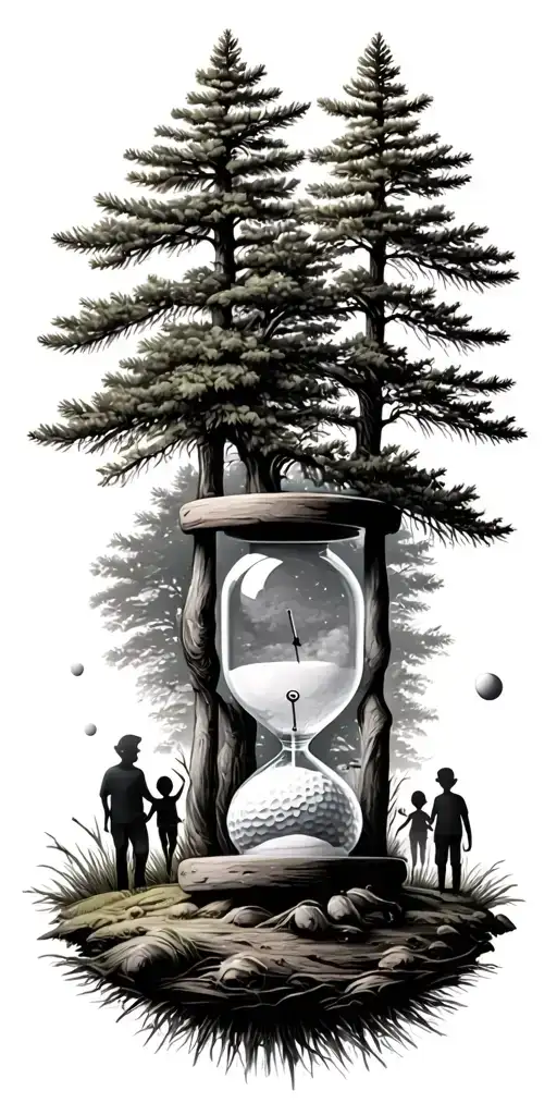 Pine Forest Wrap Around And Family Tree And Hour Glass Father With 3 Kids And Golf