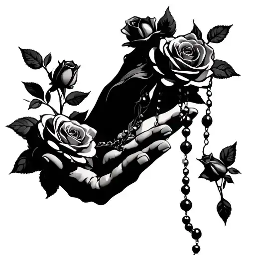 Virgin Marry Hands Holding A Rosary With Roses Growing